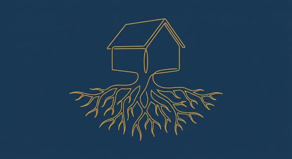 Editorial illustration of a house with deep roots growing into the soil — the foundation beneath the structure of a financial practice.
